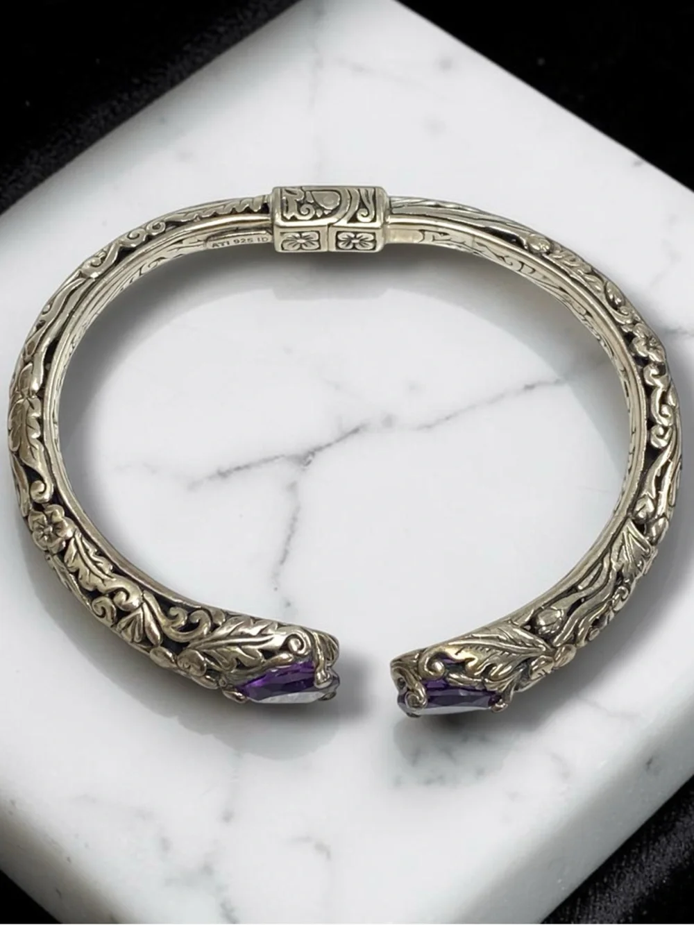 Estate Embossed Sterling Silver 925 Amethyst Cuff Hinged Bangle Bracelet! - Picture 8 of 16